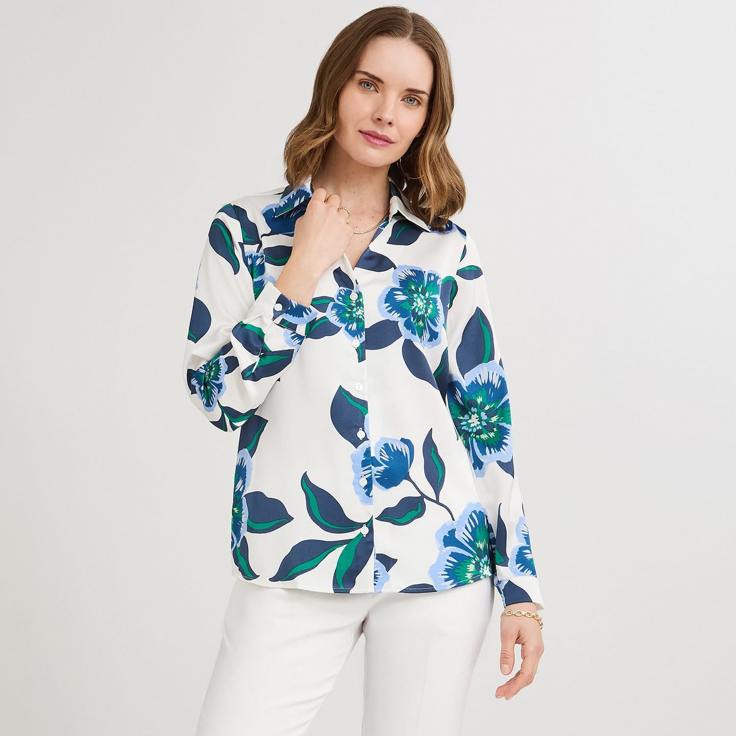 Blusa Manga Larga de Satin con Botones Estampada Azul